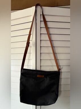 Gucci Monogram Black Crossbody Bag with Tan Leather Strap